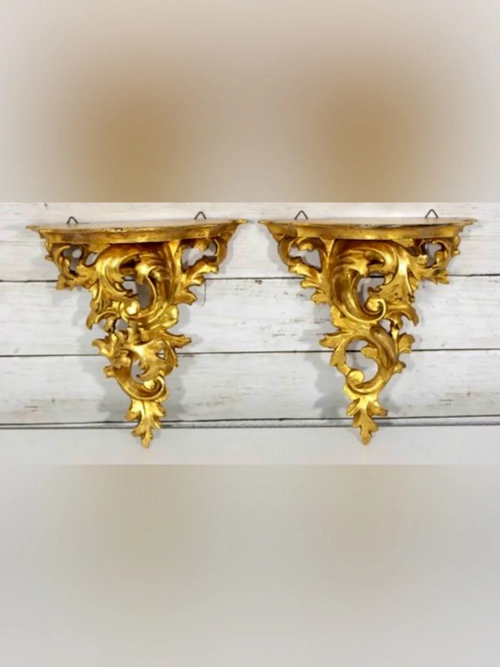 Antique Italian Rococo Style Wall Bracket Shelves Carved Wood Gold Gilded Set 2